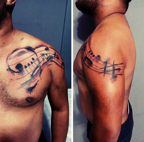 Watercolor Music Note Mens Shoulder And Chest Tattoo