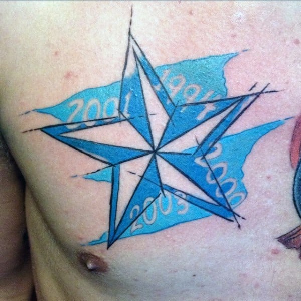 Watercolor Nautical Star Male Chest Tattoo With Blue Ink