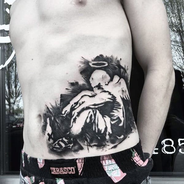 Watercolor Negative Space Banksy Fallen Angel Mens Stomach Tattoos