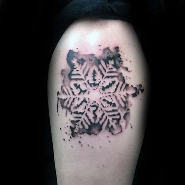 Watercolor Negative Space Guys Snowflake Thigh Tattoo