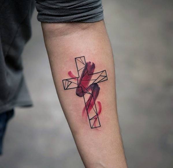 Watercolor Outline Cross Minimalist Small Inner Forearm Mens Tattoo