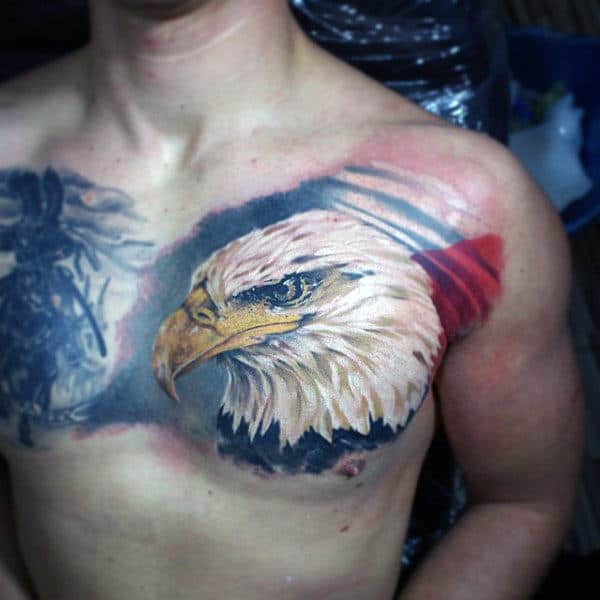 Watercolor Polish Eagle Male Flag Upper Chest Tattoos