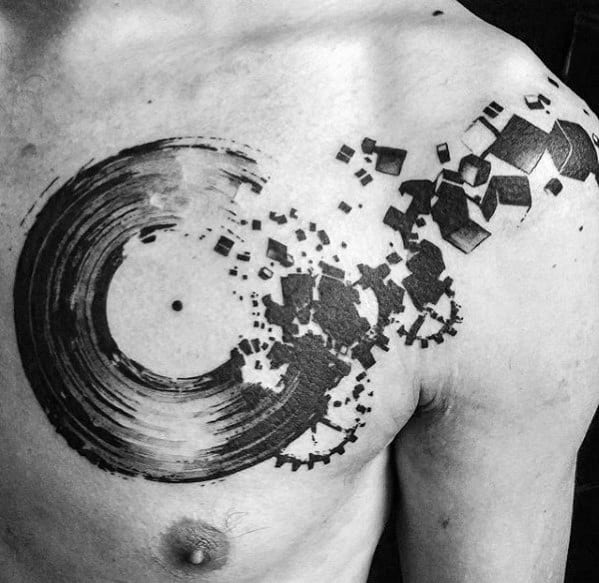 Watercolor Remarkable Broken Vinyl Record Tattoos For Males On Chest
