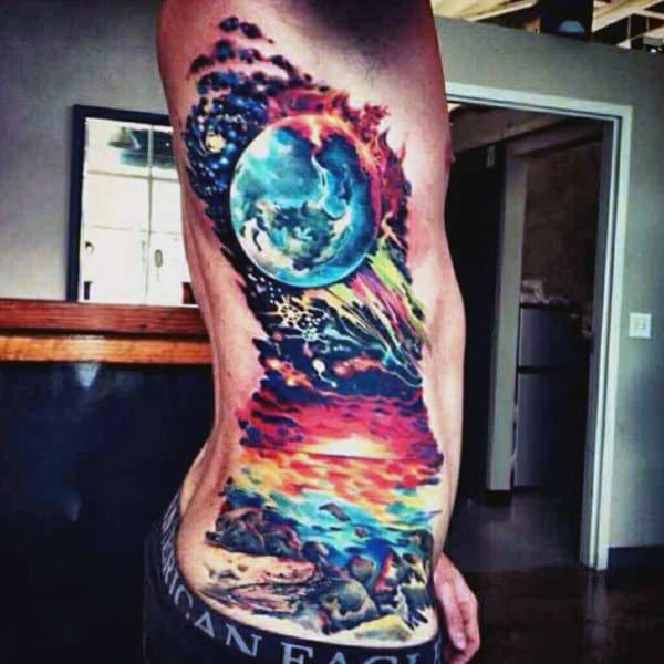 Watercolor Rib Tattoo Of Beach With Moon Design For Men