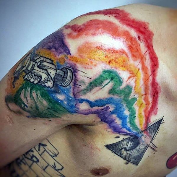 Watercolor Shoulder And Chest Dark Side Of The Moon Tattoo Design On Man