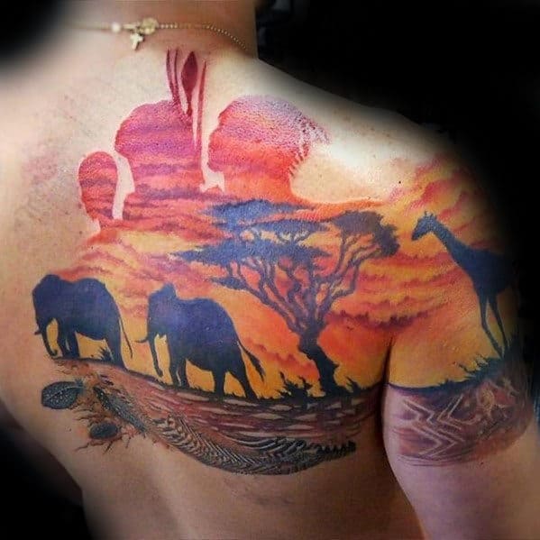 Watercolor Sky Africa Safari Mens Back Of Shoulder Tattoo Designs