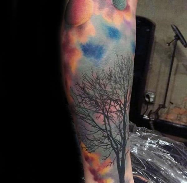 Watercolor Sky Awesome Mens Forearm Sleeve Tattoo Ideas