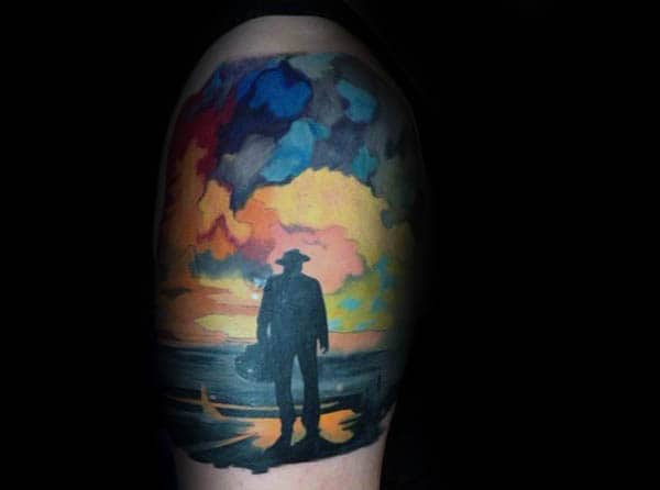 Watercolor Sky Silhouette Of Man Guys Upepr Arm Tattoo