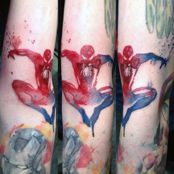 Watercolor Spiderman Tattoo Male Forearms