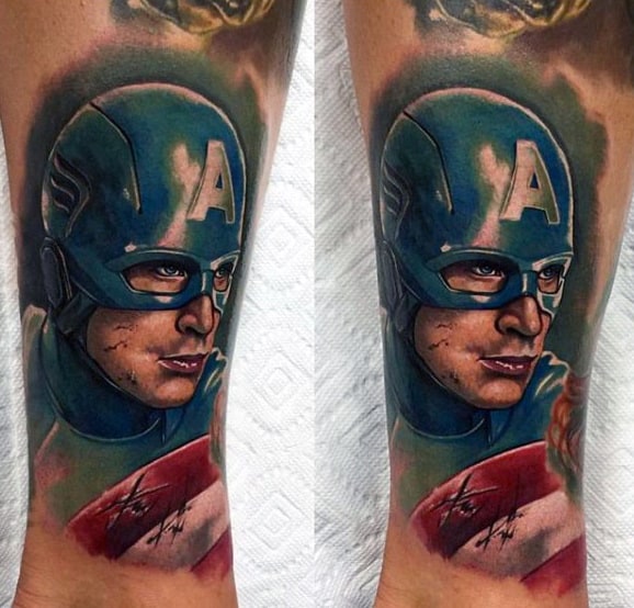 Watercolor Superhero Mens Captain America Arm Tattoo