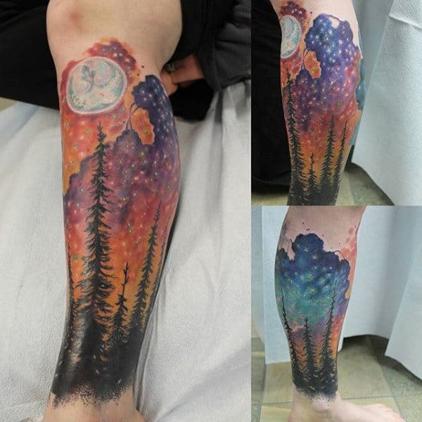 Watercolor Tree Sleeve Night Sky Mens Leg Tattoos