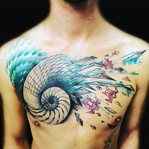 Watercolor Turtle Seashell Spiral Mens Upper Chest Tattoo Design Ideas