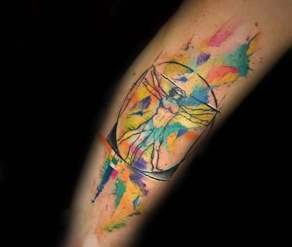 Watercolor Vitruvian Man Colorful Uys Arm Tattoos