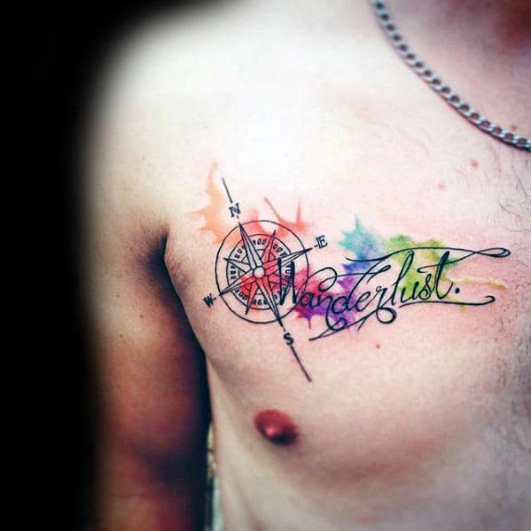 Watercolor Wanderlust Compass Upper Chest Tattoos For Men
