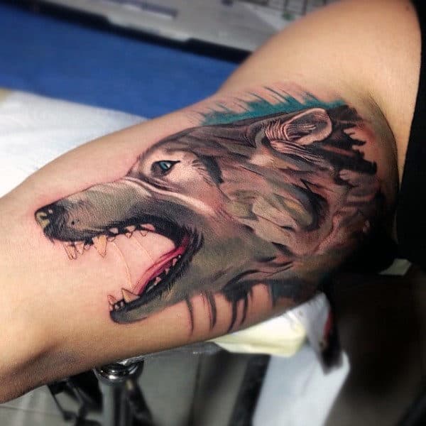 Watercolor Wolf Inner Arm Tattoos For Men