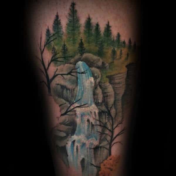 Waterfall In The Woods Mens Leg Tattoo