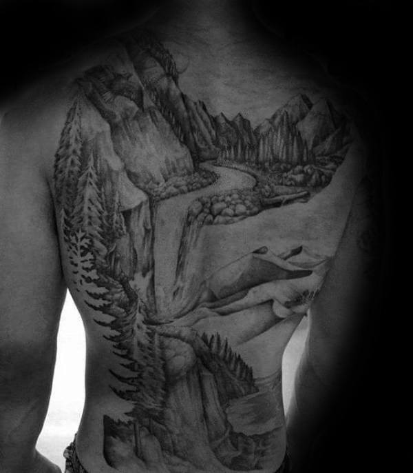 Waterfall Landscape Full Back Tattoo On Guy