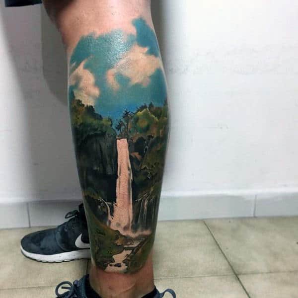 Waterfall Male Landscape Leg Sleeve Tattoo With Realistic Design