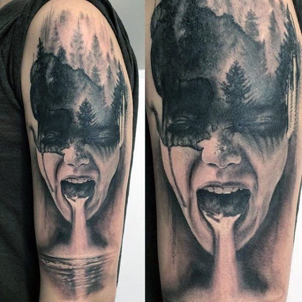 Waterfall Mouth With Female Portrait Mens Upper Arm Tattoos