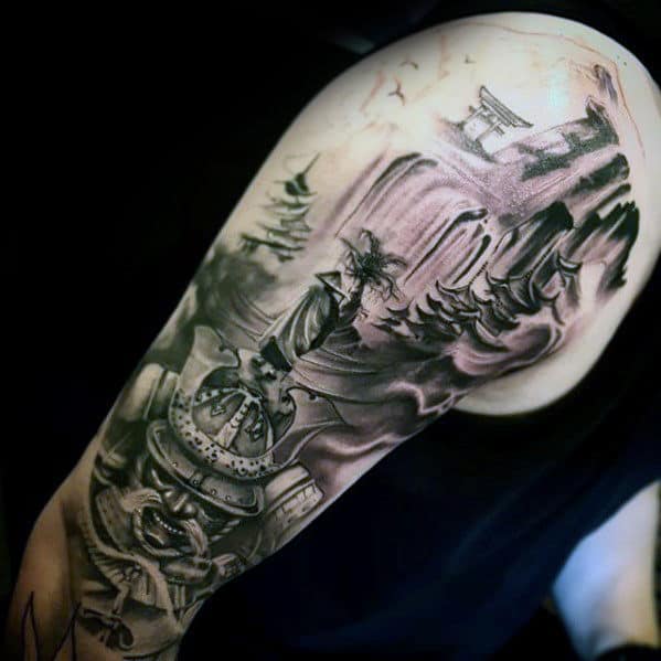 Waterfall With Temple Mens Japanese Arm Tattoos