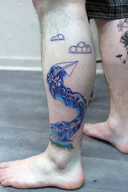 Wateroclor Blue Ink Paper Airplane Leg Tattoo On Gentleman