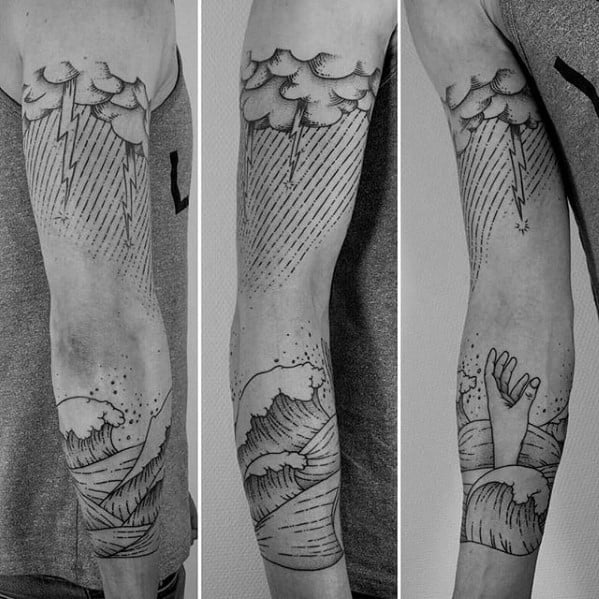 Wave With Thunderstorm Full Arm Tattoos For Gentlemen