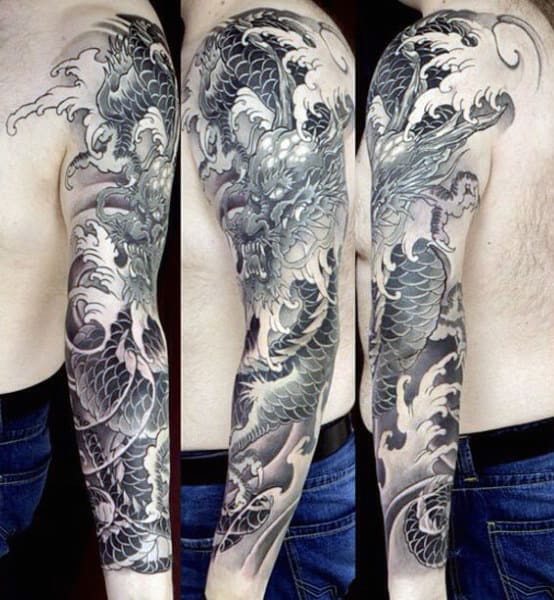 Wavy Gray Dragon Tattoo Male Full Sleeves