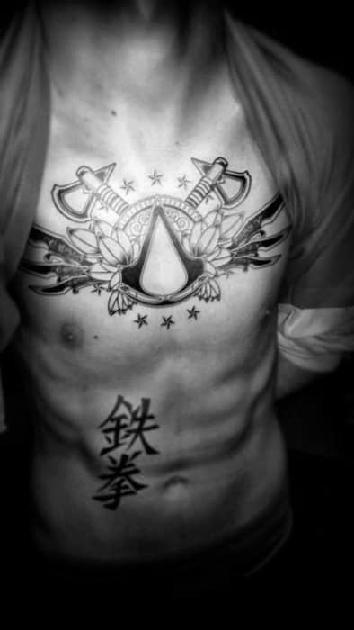 Weapons With Assassins Creed Theme Guys Chest Tattoos