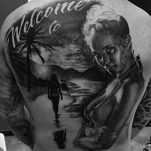 Welcome To Paradise Awesome Back Tattoo Design On Man