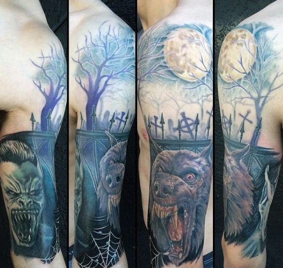 Werewolf And Coffin Tattoo On Moonlit Night Mens Sleeves