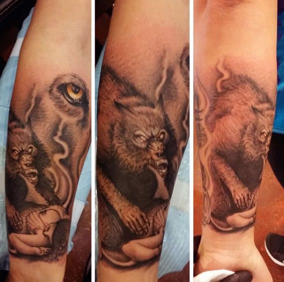 Werwolf Devouring A Lady Tattoo Male Forearms