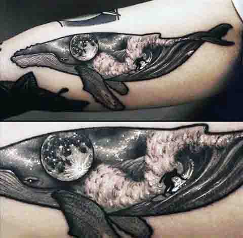 Whale With Moon And Man Surfing Ocrean Wave Mens Bicep Tattoo