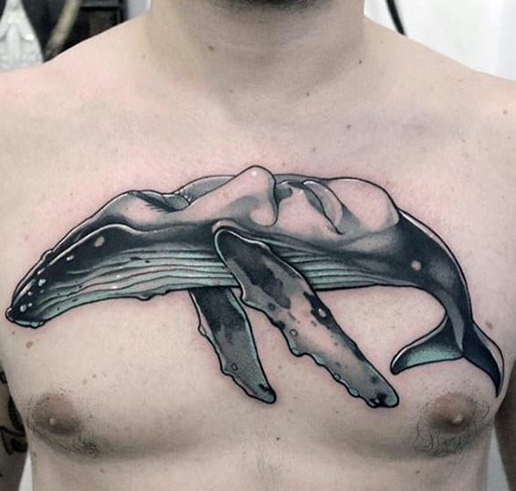 Whale With Portrait Guys Badass Upper Chest Tattoo Designs