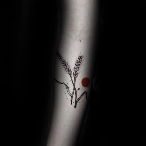 Wheat With Red Sun Virgo Male Forearm Tattoo Design Ideas