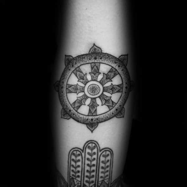 Wheel Of Dharma Mens Inner Forearm Dotwork Tattoos