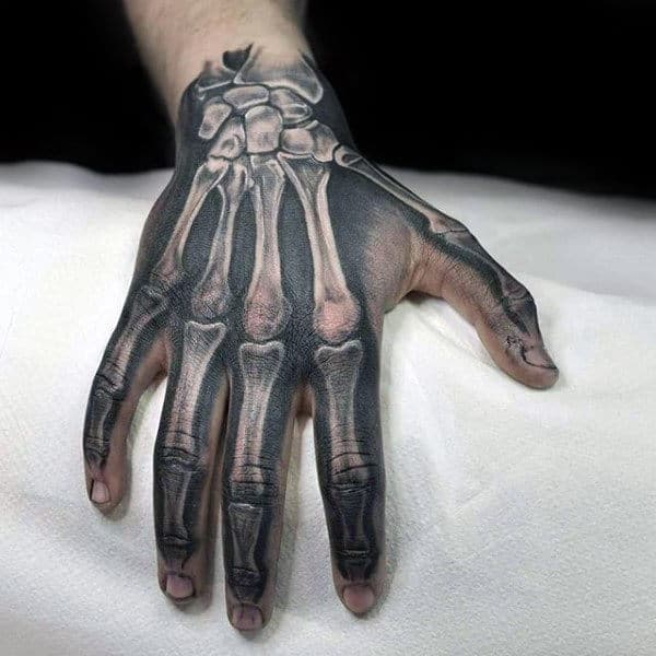 White And Black Ink Anatomical Bones Skeleton Hand Tattoo Ideas For Men