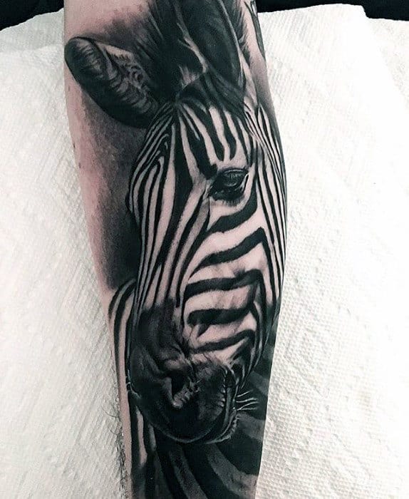 White And Black Ink Realistic Mens Zebra Sleeve Tattoos