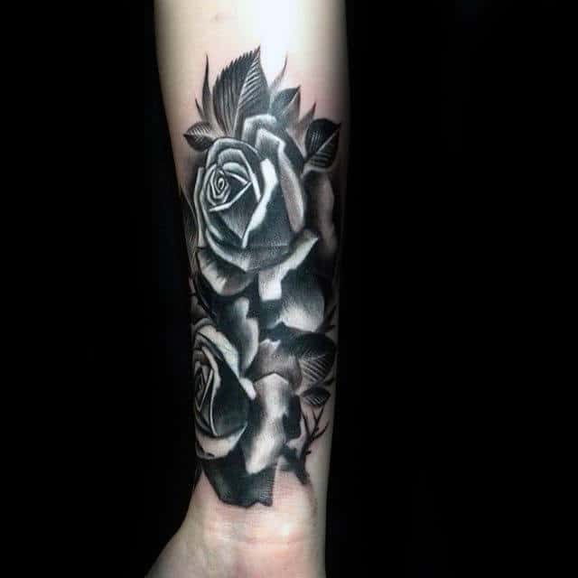White And Black Rose Mens Forearm Tattoos