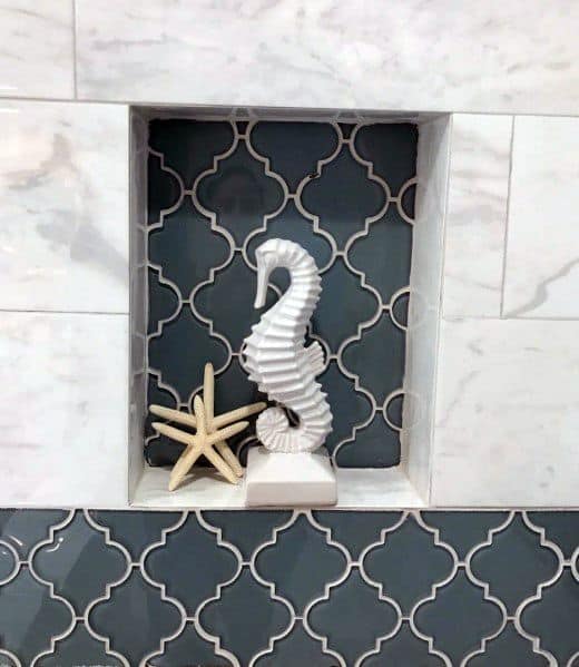White And Blue Arabesque Tile Beach Themed Cool Shower Niche