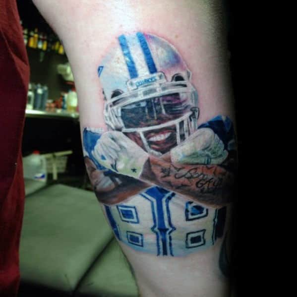 White And Blue Ink Mens Dallas Cowboys Football Tattoo On Leg Calf