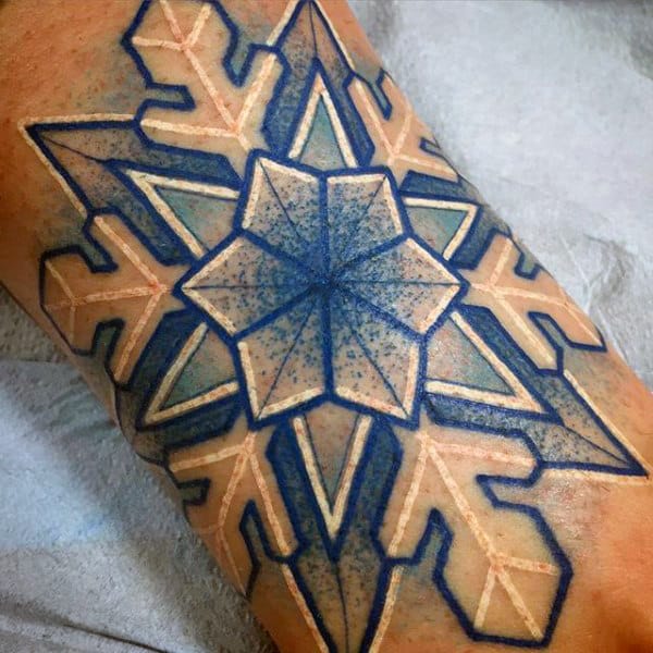 White And Blue Ink Snowflake Male Forearm Tattoos