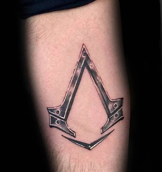 White And Grey Ink Metallic Assassins Creed Guys Leg Calf Tattoos