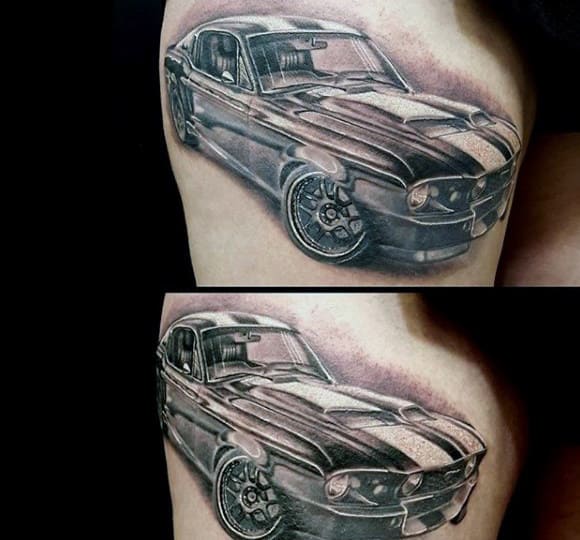 White And Grey Ink Mustang Guys Thigh Tattoos