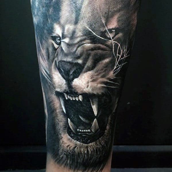 White And Grey Ink Realistic Mens Lion Sleeve Forearm Tattoos