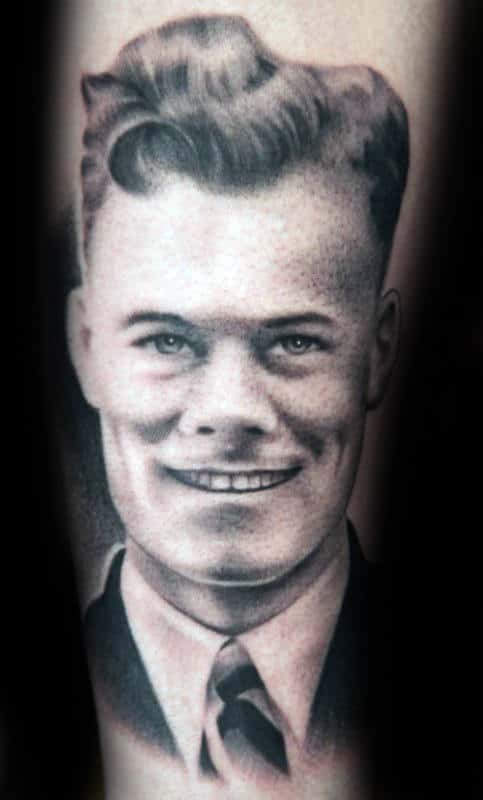 White And Grey Ink Shaded Guys Memorial Grandpa Portrait Tattoo Designs