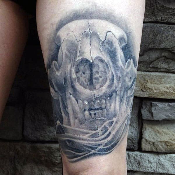 White And Grey Ink Shaded Wolf Skull Male Thigh Tattoos