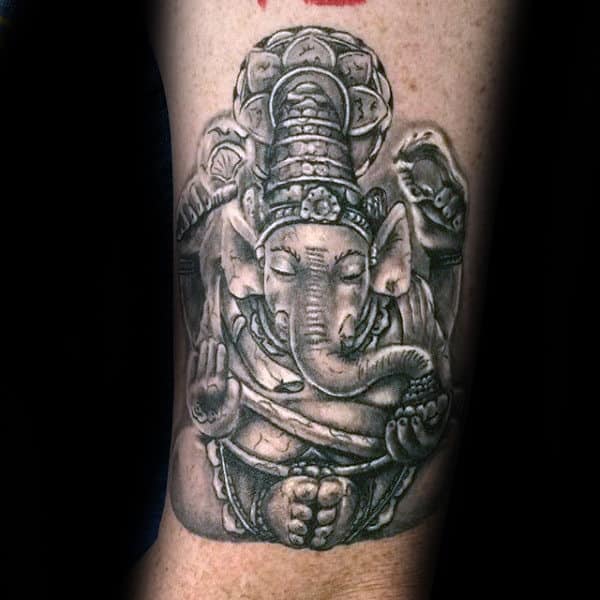 White And Grey Ink Stone Ganesh Mens Arm Tattoos