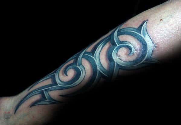 White And Grey Shaded Ink Mens Forearm 3d Tribal Tattoos