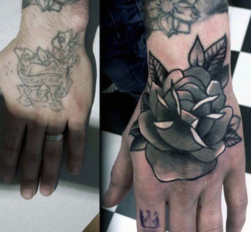 White And Grey Shaded Rose Flower Cover Up Hand Tattoos For Men