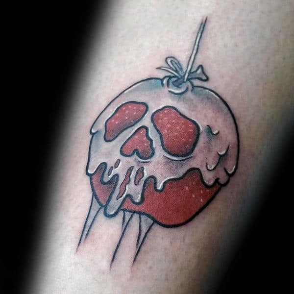 White And Red Ink Male Poison Apple Tattoo On Arm